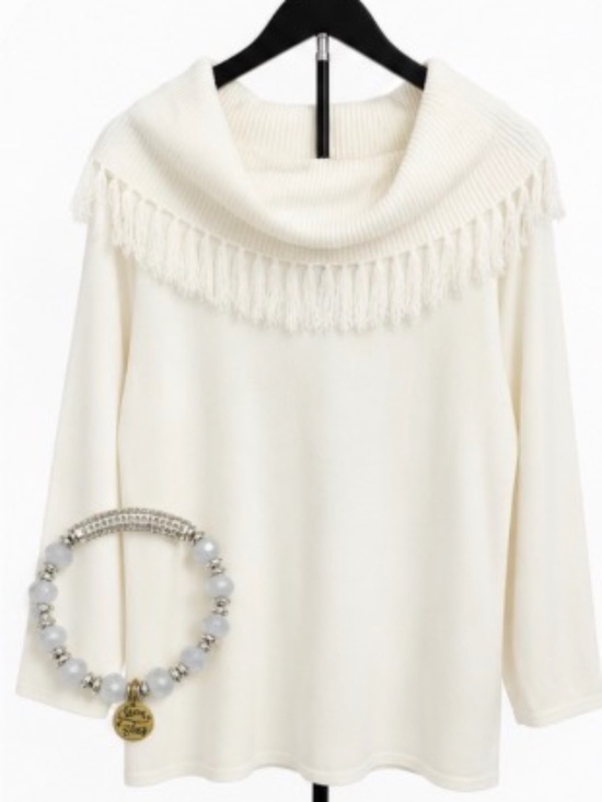 Crystal-Kobe Sweaters - Crystal-Kobe White Fringe Cowl Neck Sweater XL Soft Knit Boutique Top